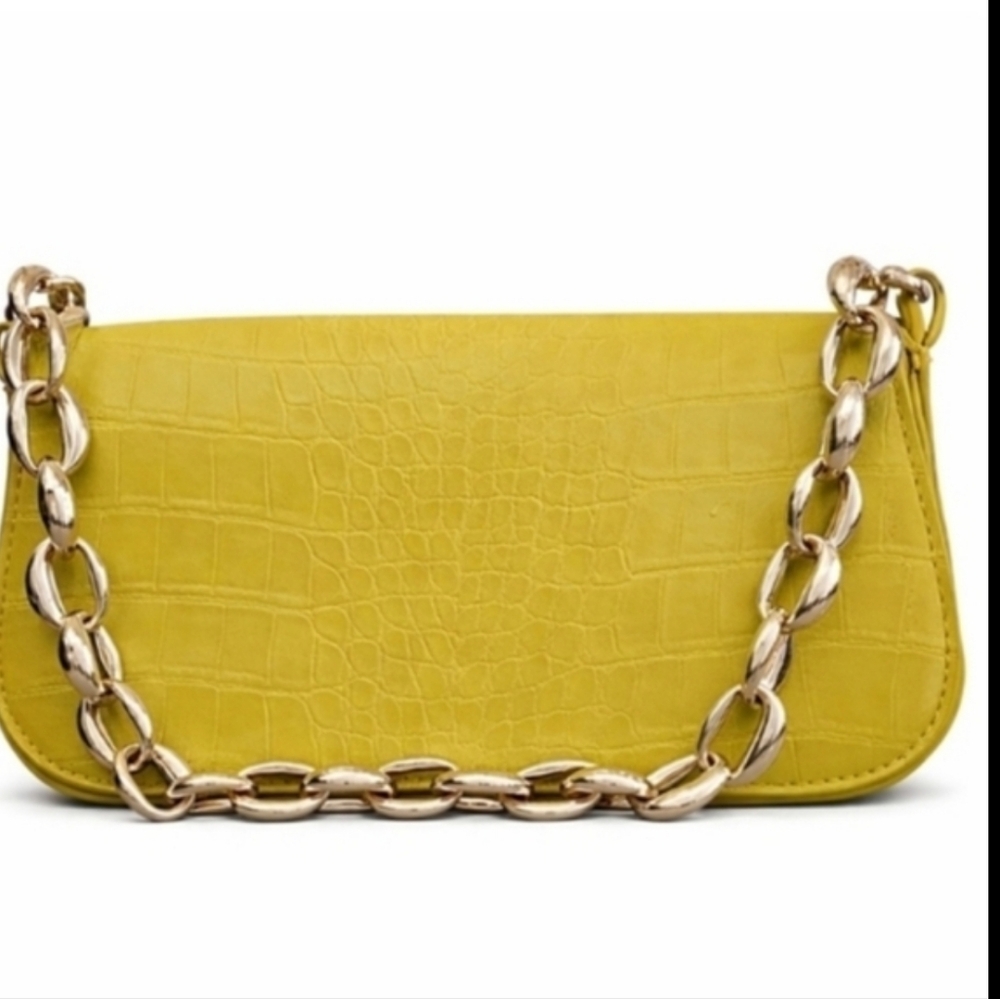 Zara | Yellow Green Croc Embossed Bag Gold Chain Handle - Picture 8 of 8